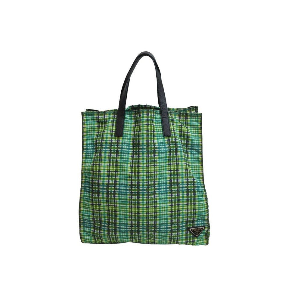 PRADA Tote Bag Green Check Triangle Logo Saffiano Nylon